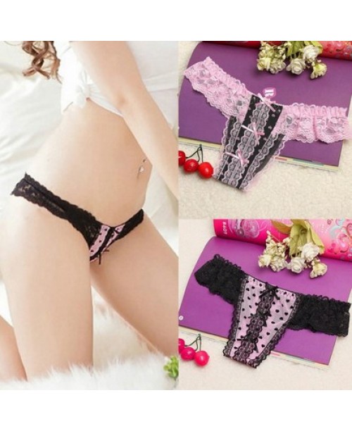 Sexy Women Low Waist Bow Lace Heart Pattern T Panty